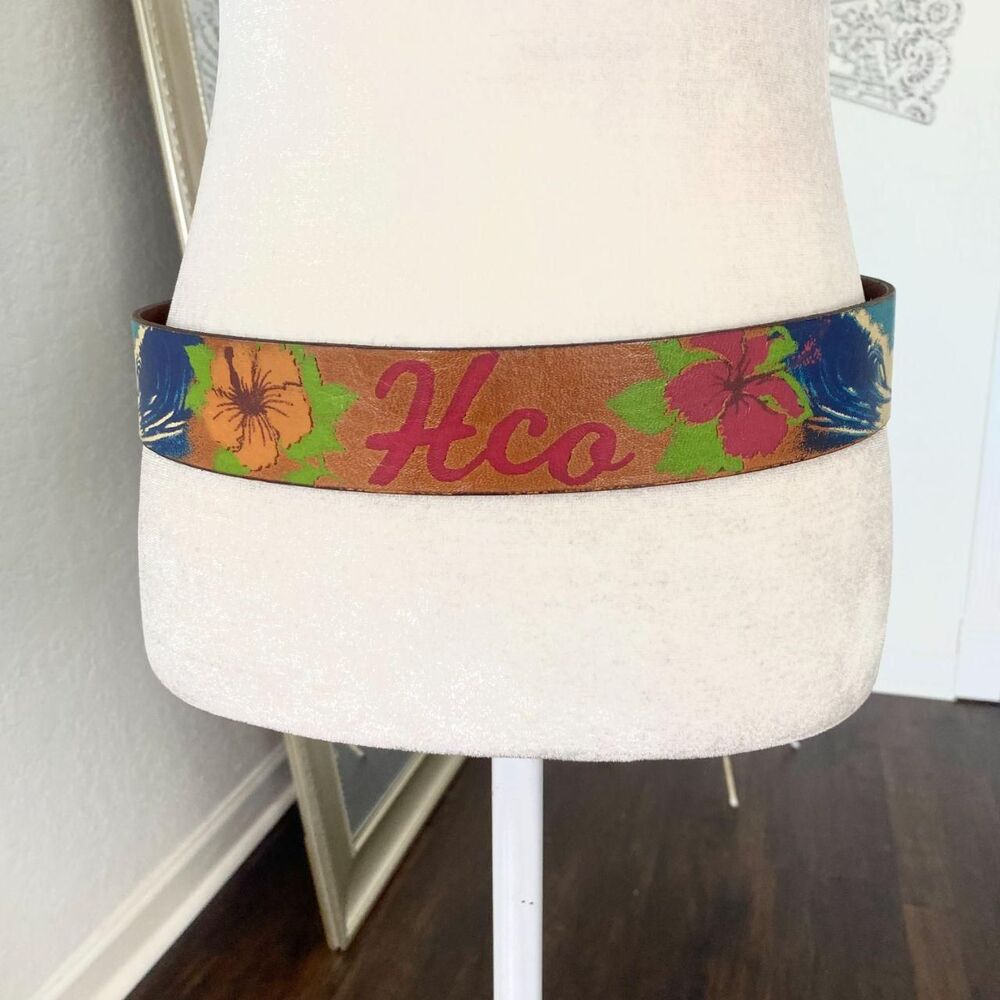 Hollister Hawaii Flower Wave Painted Brown Leather Waist Belt 33.5 - 37.5"